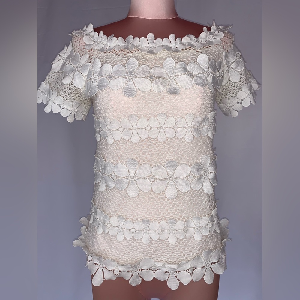 Her & Him Flower Ruffle Mesh Short Sleeve White Top (S)